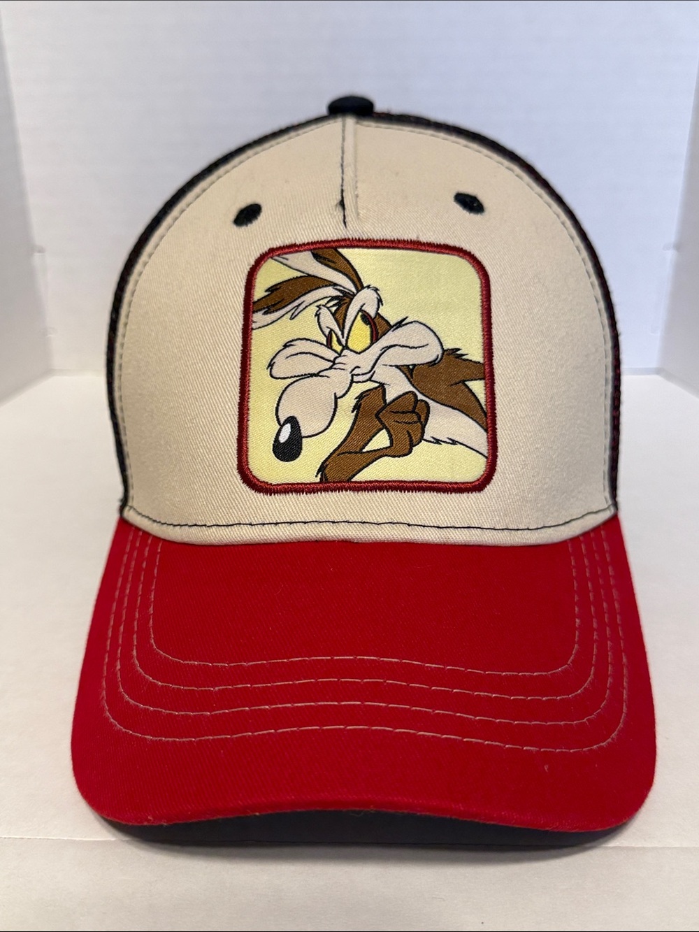 Beige and Red Wile E. Coyote Patch Trucker Cap